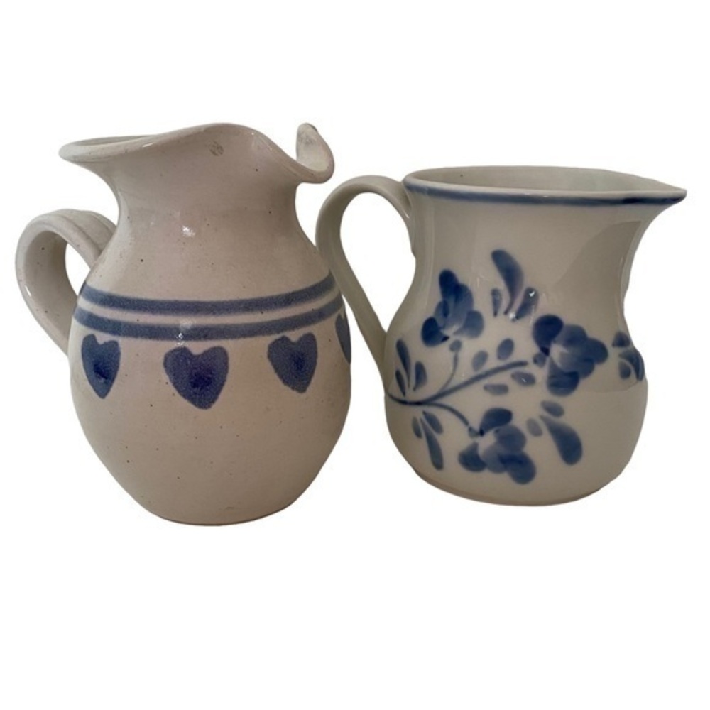 Pier 1 White Blue White Hand-painted Milk Cream Pitchers Home Decor Set of 2